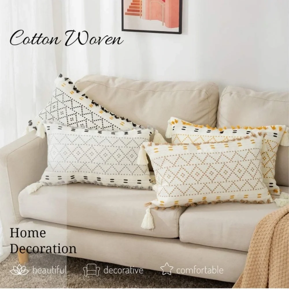 Luxury Home | Boho Chic Tufted Moroccan Woven Tasseled Lumbar Throw Pillow Cover